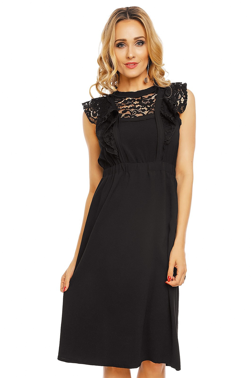 Dámské šaty s krajkovým rukávem středně dlouhé černé - Černá - Elli White černá S/M