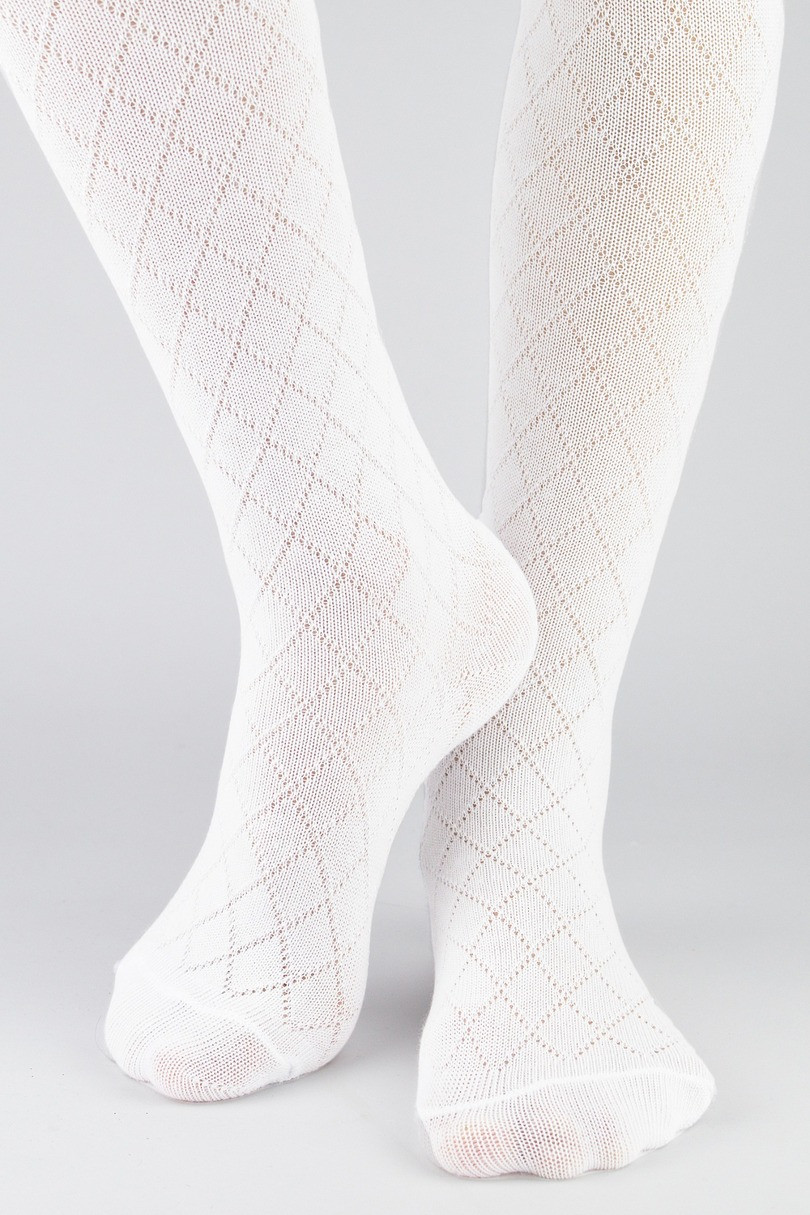 Dětské žakárové bavlněné punčochové kalhoty se vzorem romby RB010. bílá 104-110