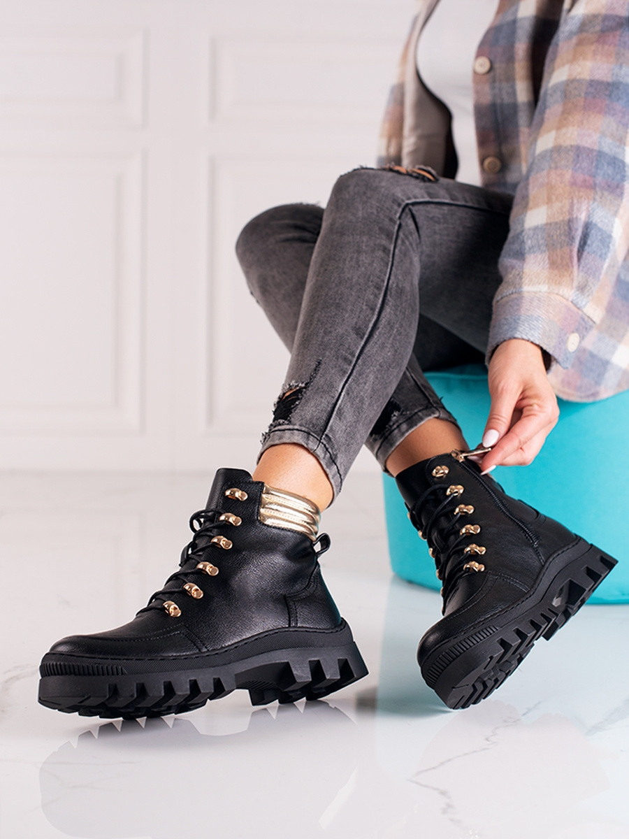 Exkluzívní dámské černé kotníčkové boty na plochém podpatku 39