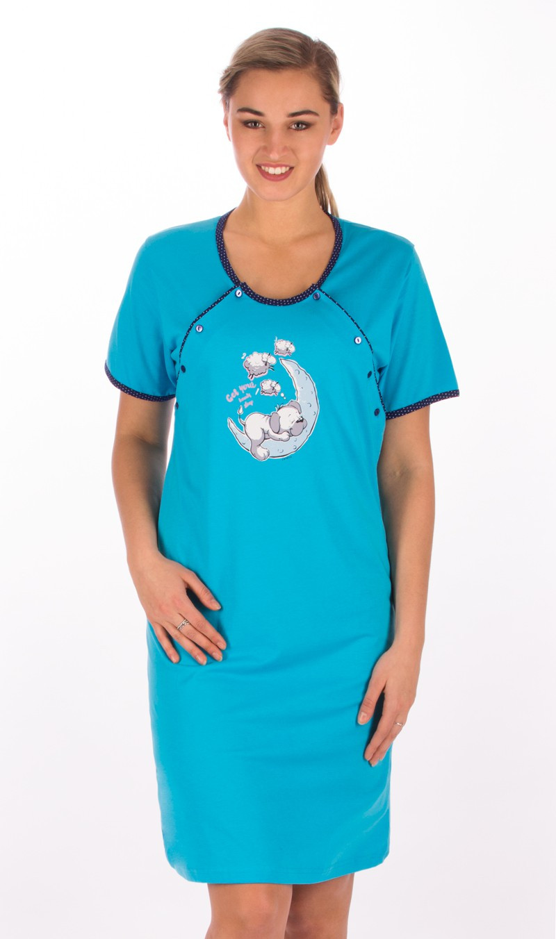 Dámská noční košile mateřská s krátkým rukávem Štěně na měsíci lososová S