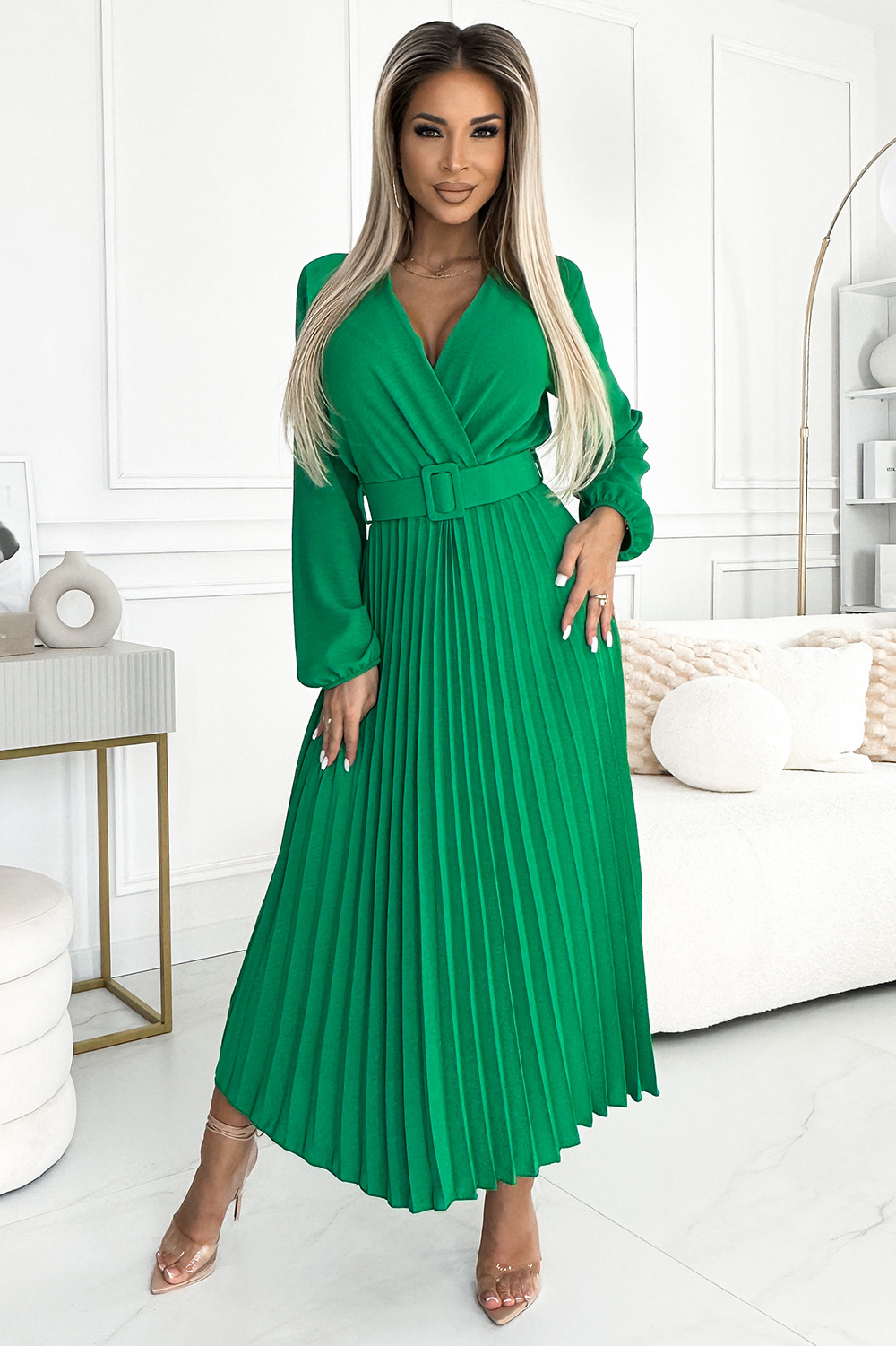 VIVIANA - Světle zelené dámské plisované midi šaty s výstřihem, dlouhými rukávy a se širokým opaskem 504-4 UNI