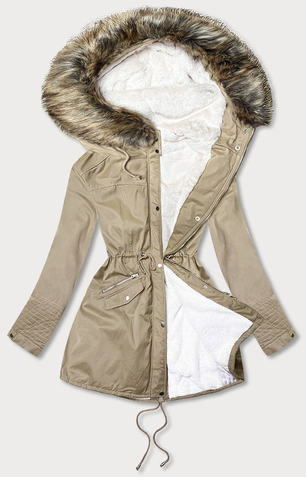 Béžová dámská zimní bunda parka s mechovitým kožíškem a s kapucí (7602BIG) odcienie beżu 52