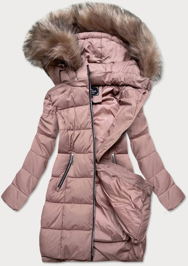 Prošívaná dámská zimní bunda ve starorůžové barvě s kapucí (7702) odcienie różu S (36)