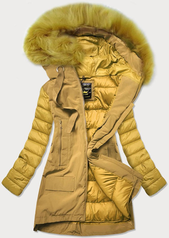 Žlutá dámská zimní bunda z různých spojených materiálů (7708) odcienie żółtego L (40)