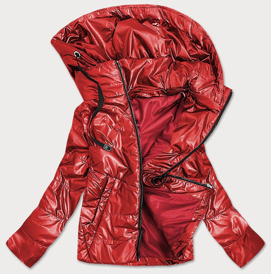 Červená lesklá dámská bunda s kapucí (B9575) odcienie czerwieni 48