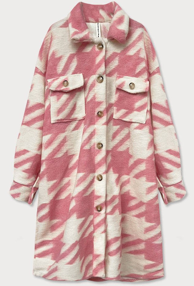 Růžový dámský košilový kabát s pepitovým vzorem (2099) odcienie różu ONE SIZE