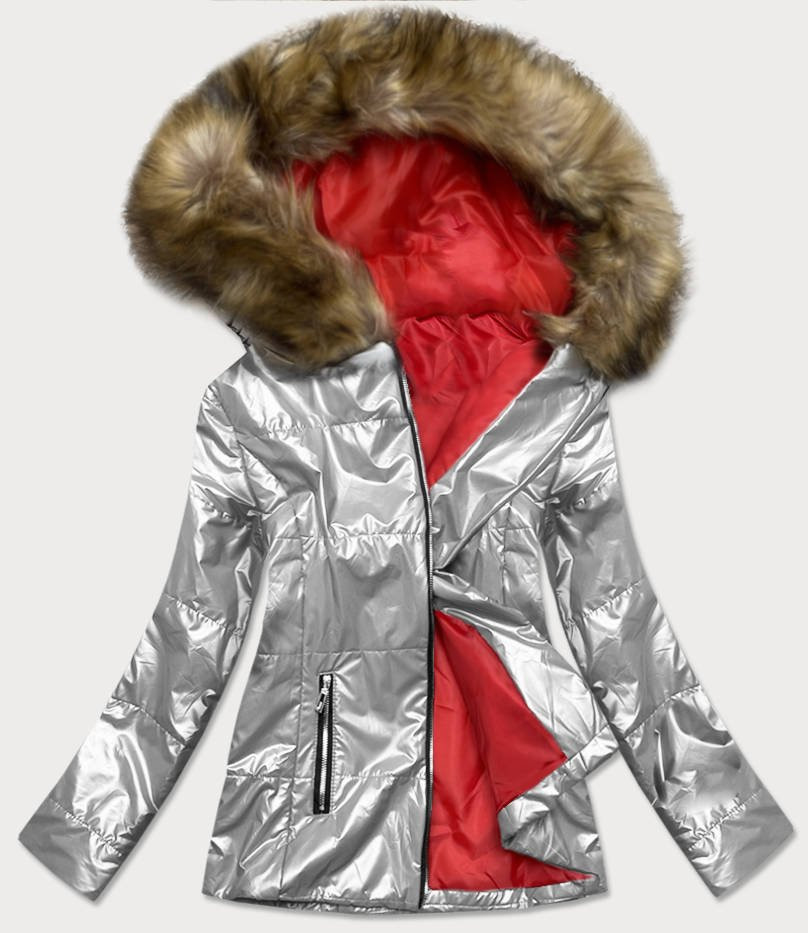 Lehká stříbrná dámská metalická zimní bunda (721ART) odcienie szarości XXL (44)