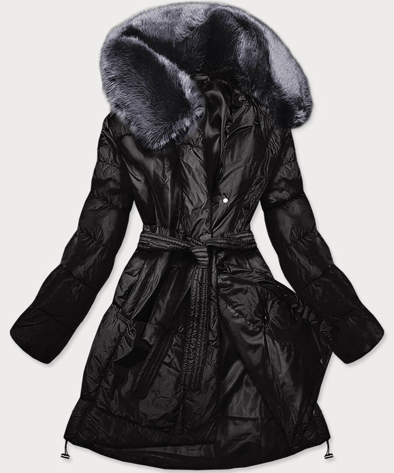 Černý dámský zimní kabát s kožešinou (008) odcienie czerni S (36)