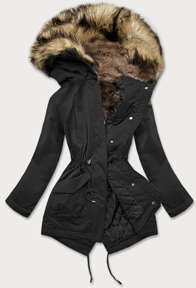Černá dámská zimní prošívaná bunda s kožešinou (M-137) odcienie czerni XXL (44)