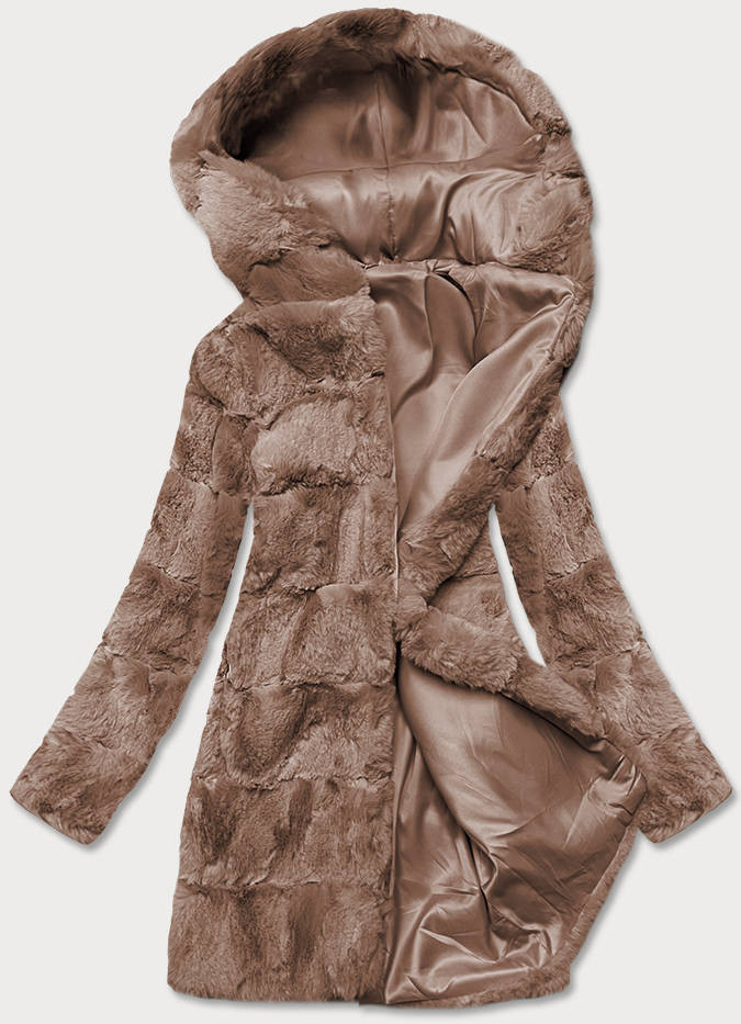 Hnědá dámská bunda - kožíšek s kapucí (BR9741-12) odcienie brązu XL (42)