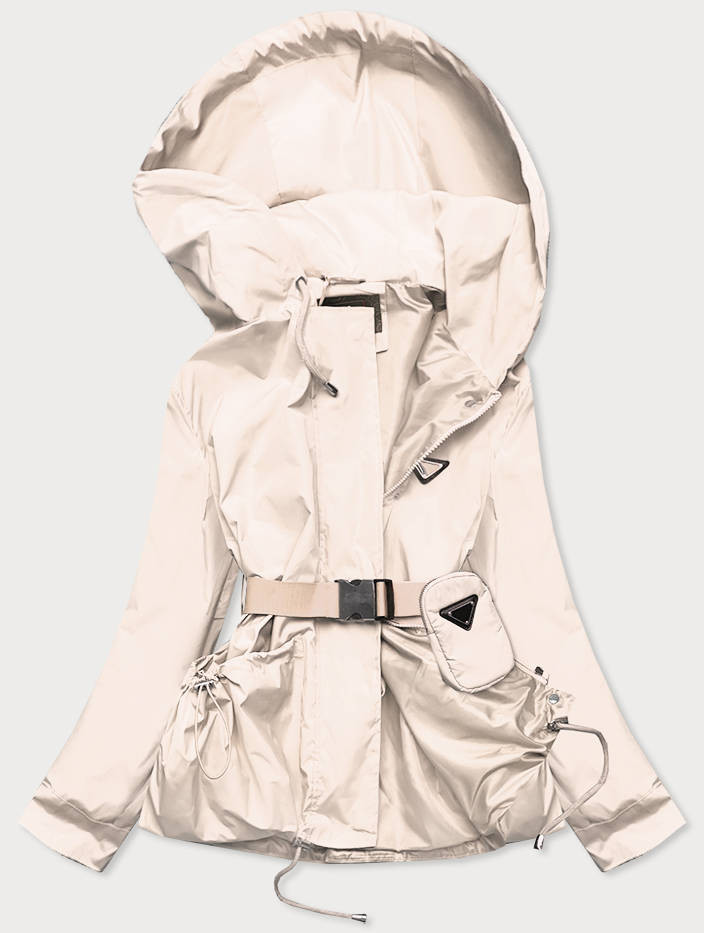 Krátká béžová dámská bunda s páskem (AG3-03) odcienie beżu S (36)