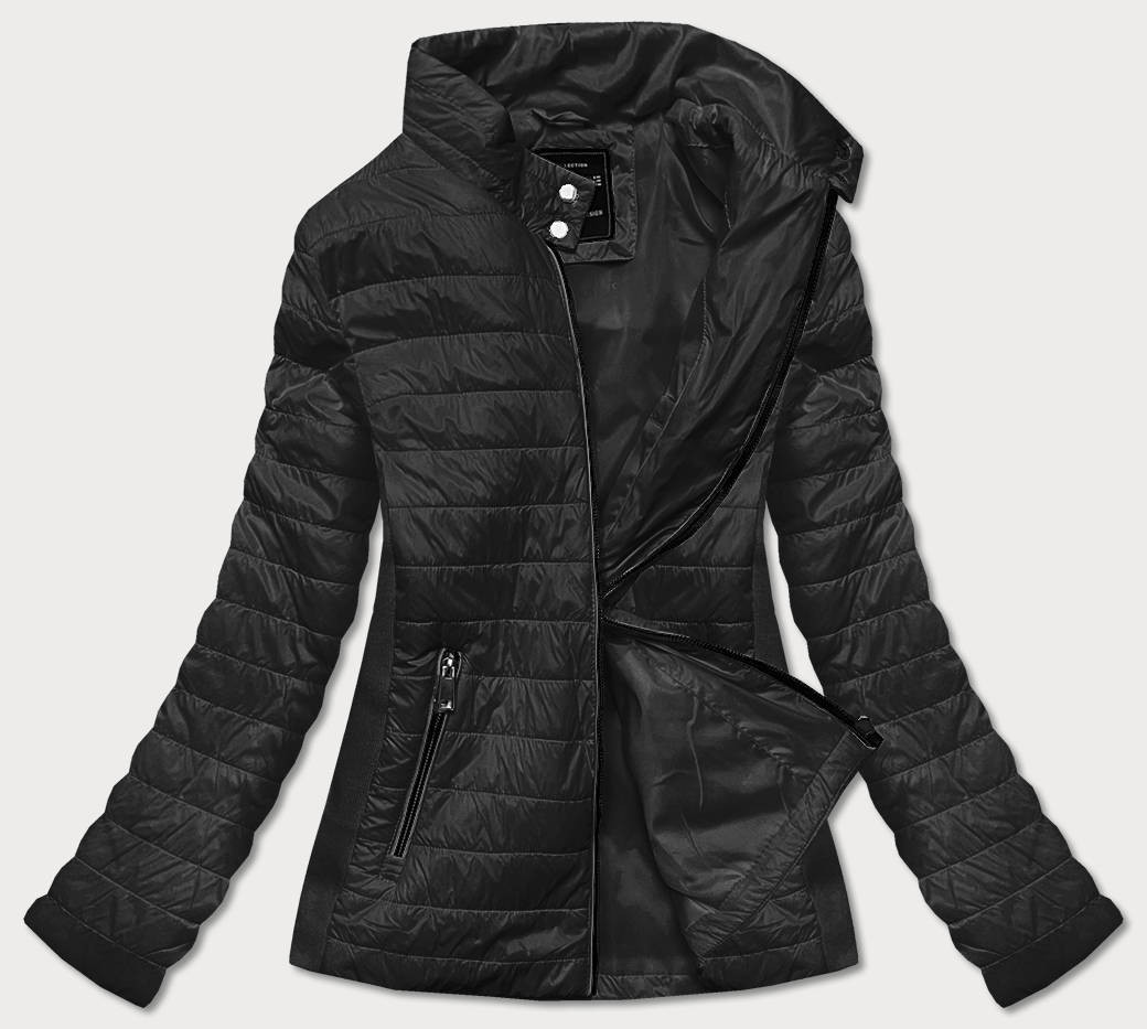 Tenká černá dámská bunda s látkovými vsadkami (RQW-7013) odcienie czerni L (40)