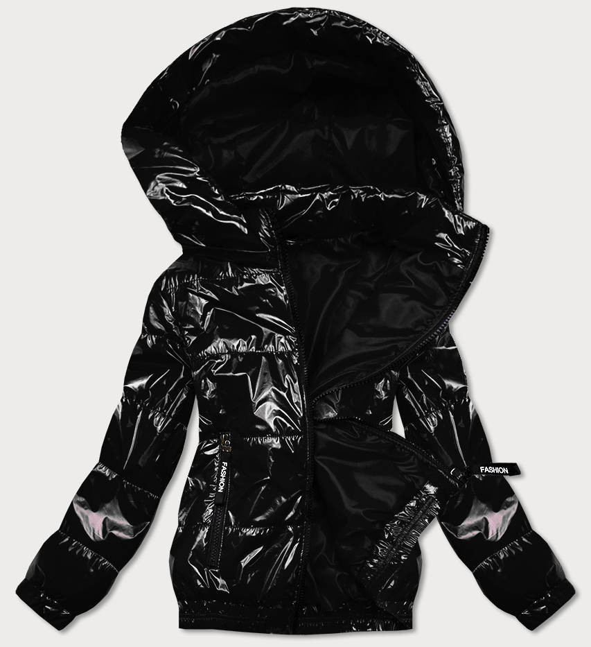 Lesklá černá prošívaná bunda s kapucí (BR9788-1) odcienie czerni 50