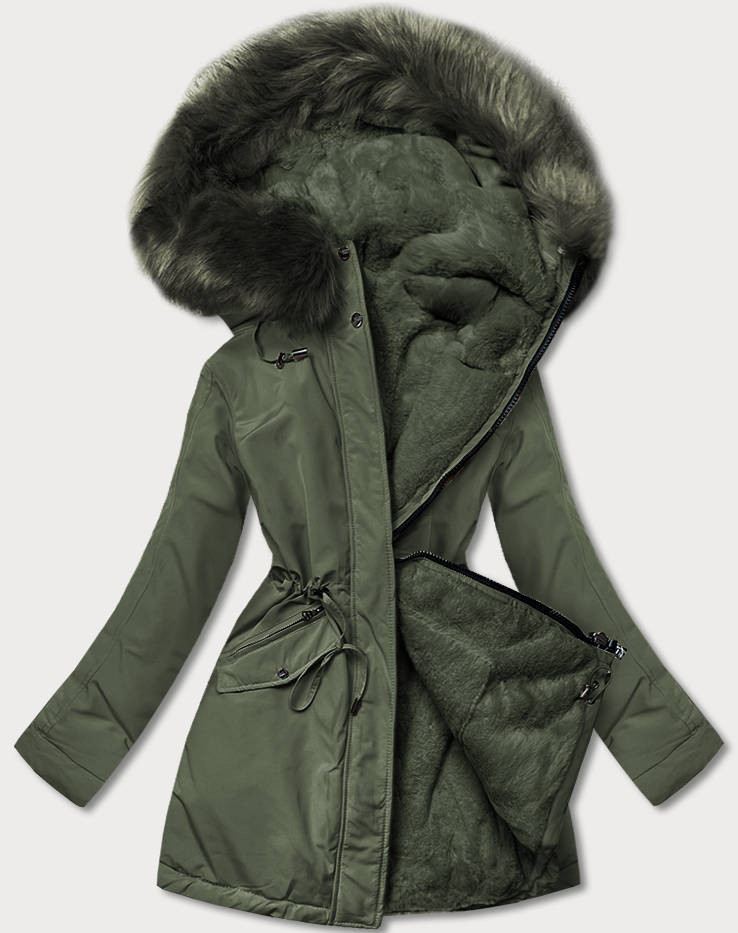 Teplá dámská oboustranná zimní bunda v khaki barvě (W610BIG) odcienie zieleni 46