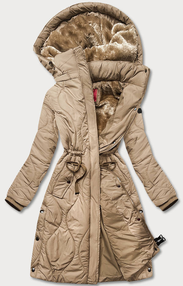 Béžová dámská zimní bunda ke kolenům (M-21601) odcienie beżu XL (42)