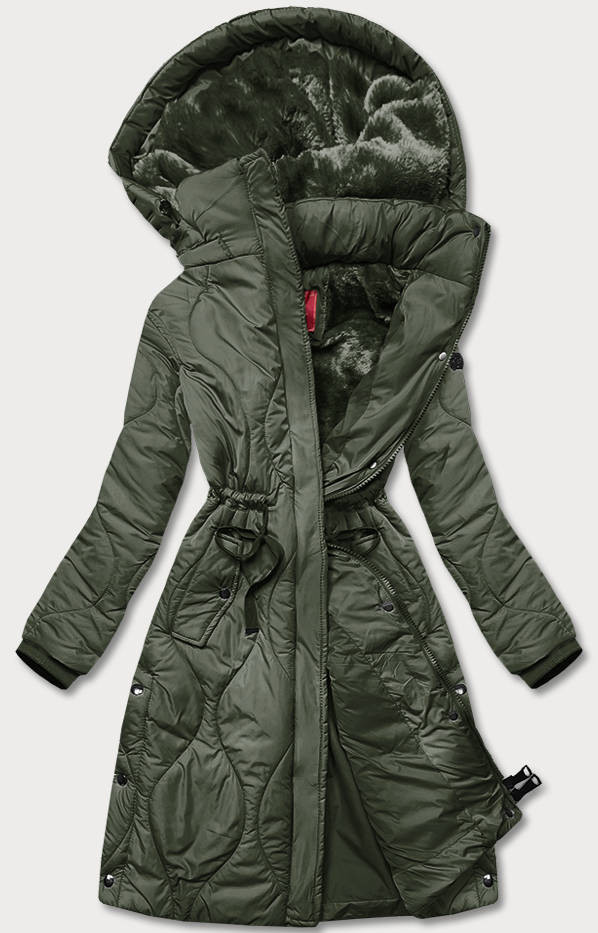 Dámská zimní bunda v olivové barvě ke kolenům (M-21601) odcienie zieleni XL (42)