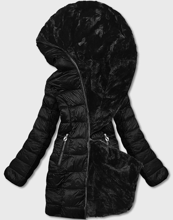Černá oboustranná dámská bunda-kožíšek (B8052-1) odcienie czerni 50