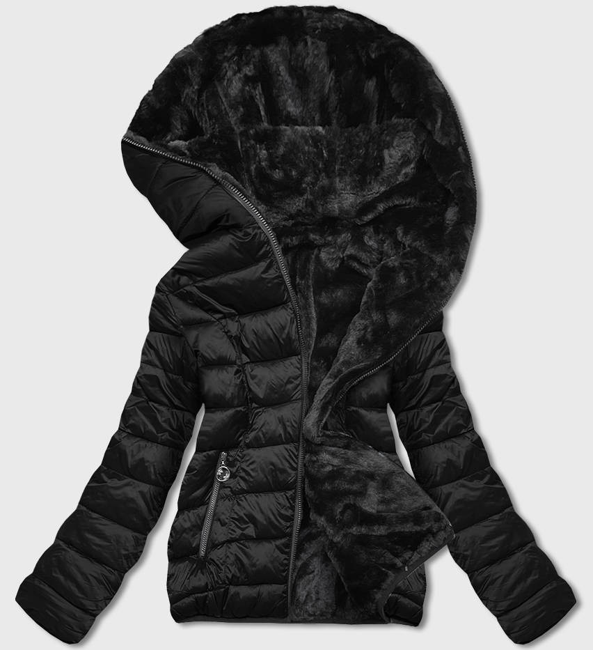 Černá oboustranná dámská bunda-kožíšek (B8051-1) odcienie czerni XL (42)