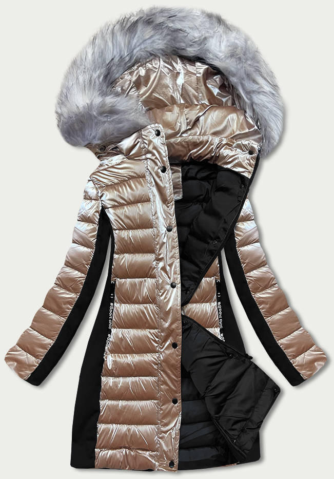 Béžová dámská zimní bunda z různých spojených materiálů (DK067-95) odcienie beżu L (40)