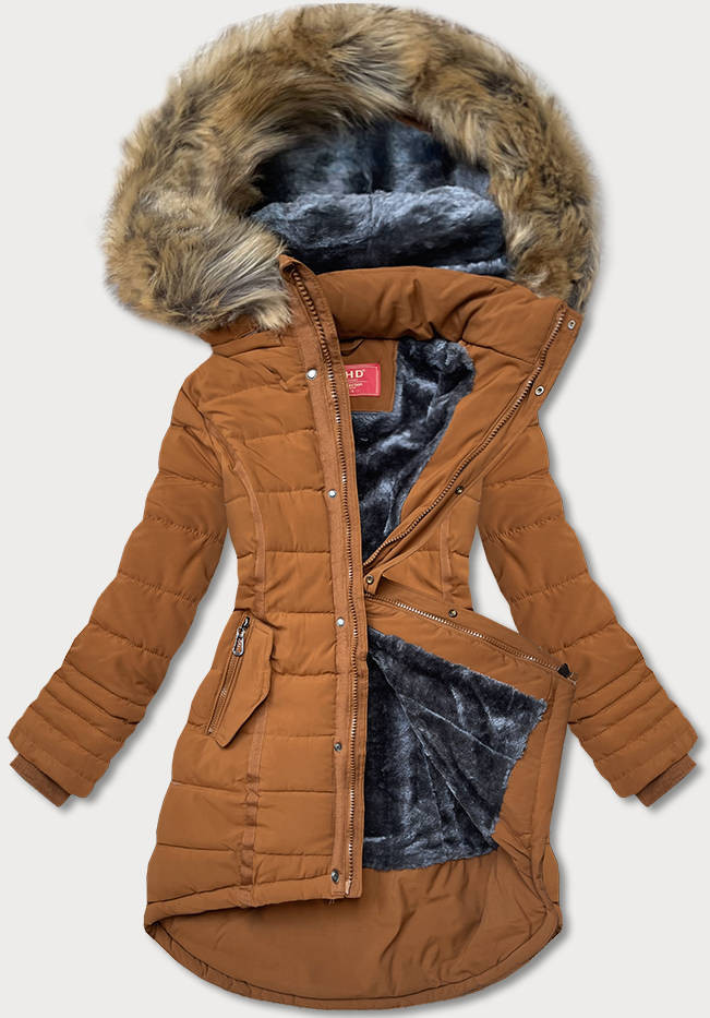 Asymetrická dámská zimní bunda v karamelové barvě (M-21301) odcienie brązu XXL (44)