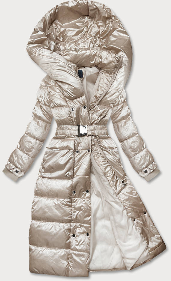 Dlouhá béžová dámská bunda s opaskem (AG1-J9090) odcienie beżu S (36)