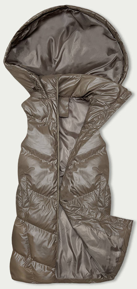 Dlouhá béžová péřová vesta s kapucí (5M3183-84) odcienie beżu XL (42)