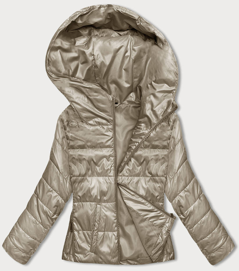 Krátká béžová dámská bunda s kapucí (B8187-12) odcienie beżu M (38)