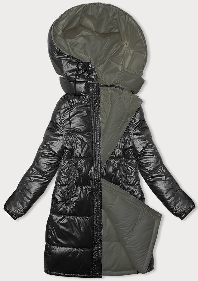 Černo-khaki hrubší dámská zimní oboustranná bunda (V768G) odcienie czerni XL (42)