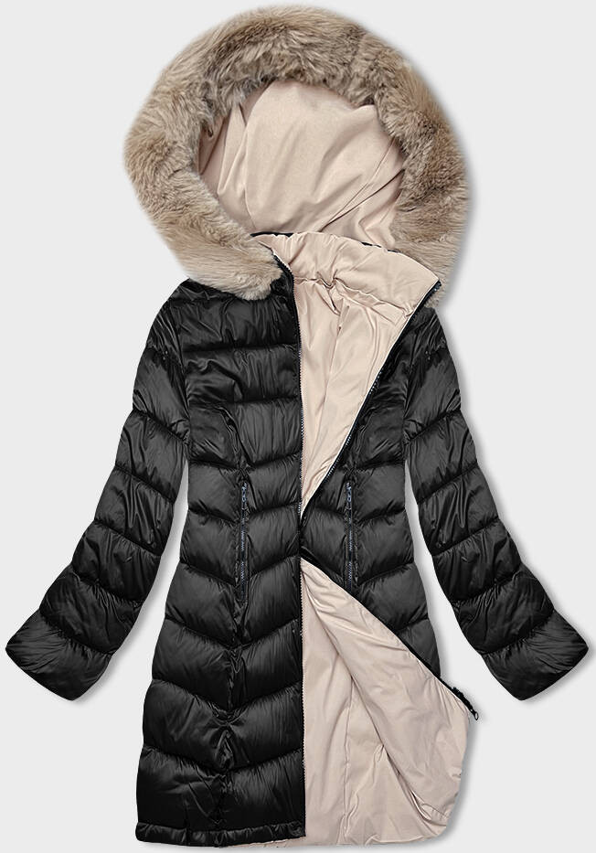Černo-béžová oboustranná dámská zimní bunda s kapucí (B8203-1046) odcienie czerni 46