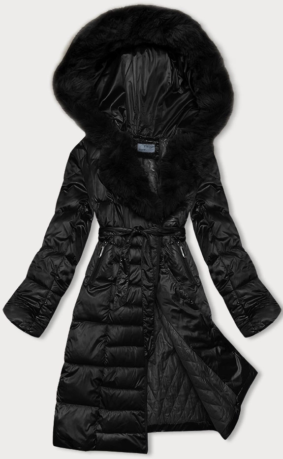 Černá dámská zimní bunda s páskem S'west (B8195-1) odcienie czerni M (38)