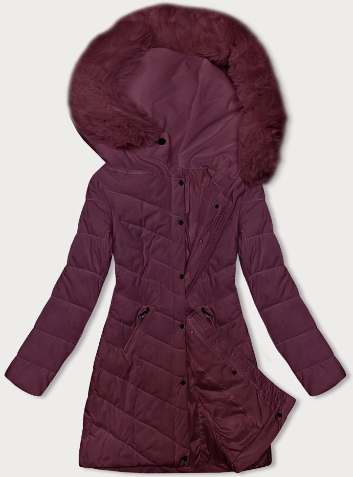 Prošívaná dámská zimní bunda ve vínové bordó barvě s kapucí LHD (2M-057) odcienie czerwieni M (38)