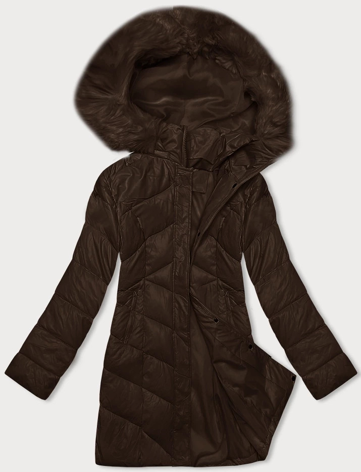Tmavě hnědá dámská zimní bunda s kapucí (H-898-23) odcienie brązu S (36)