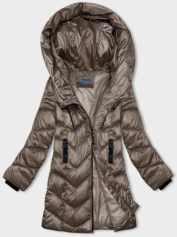 Tmavě béžová dámská zimní bunda s asymetrickým zipem (B8167-12) odcienie beżu 50