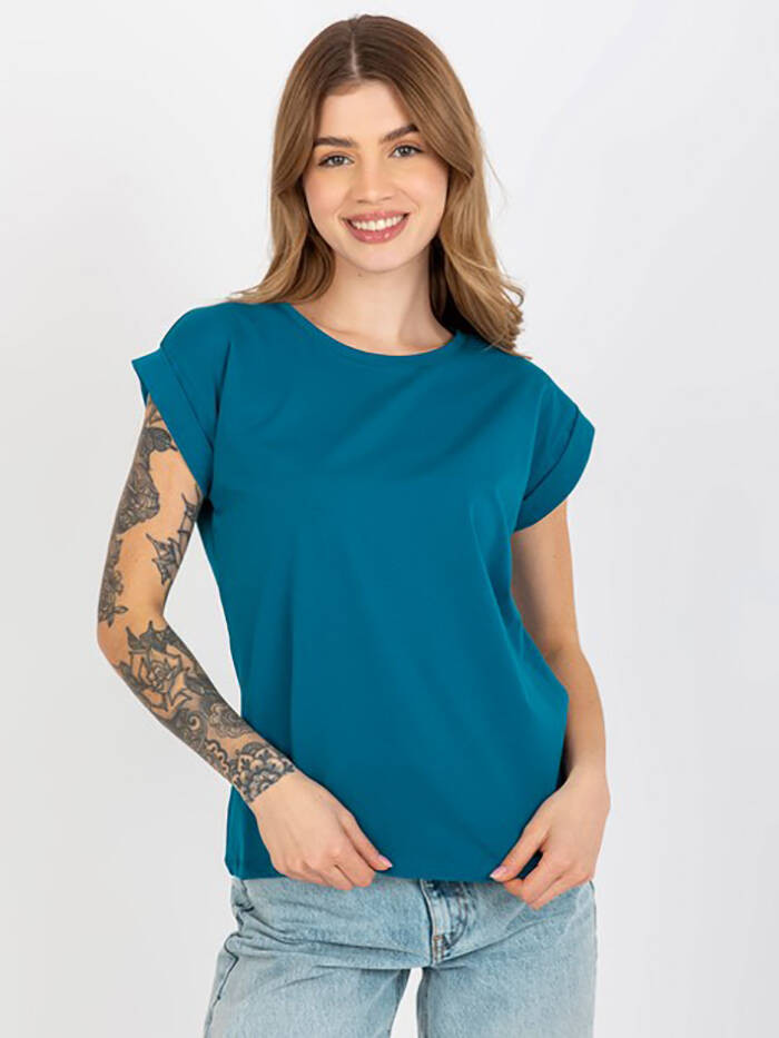 Bavlněné dámské tričko t-shirt v mořské barvě s ohrnutými rukávky Feel Good (4833-25) odcienie niebieskiego XL (42)