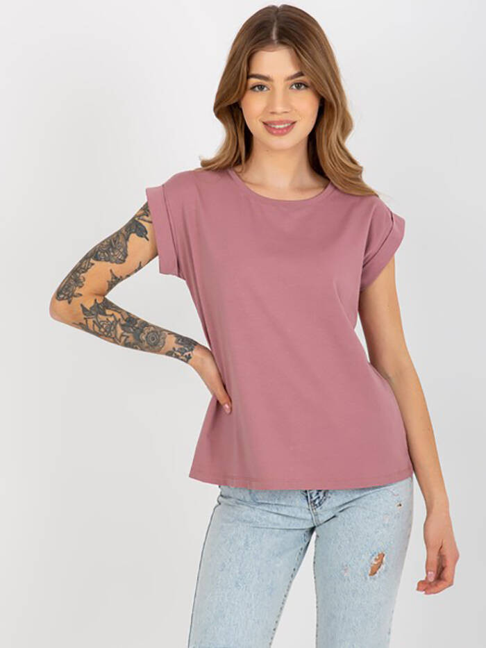 Bavlněné dámské tričko t-shirt ve špinavě růžové barvě s ohrnutými rukávky Feel Good (4833-35) odcienie różu M (38)