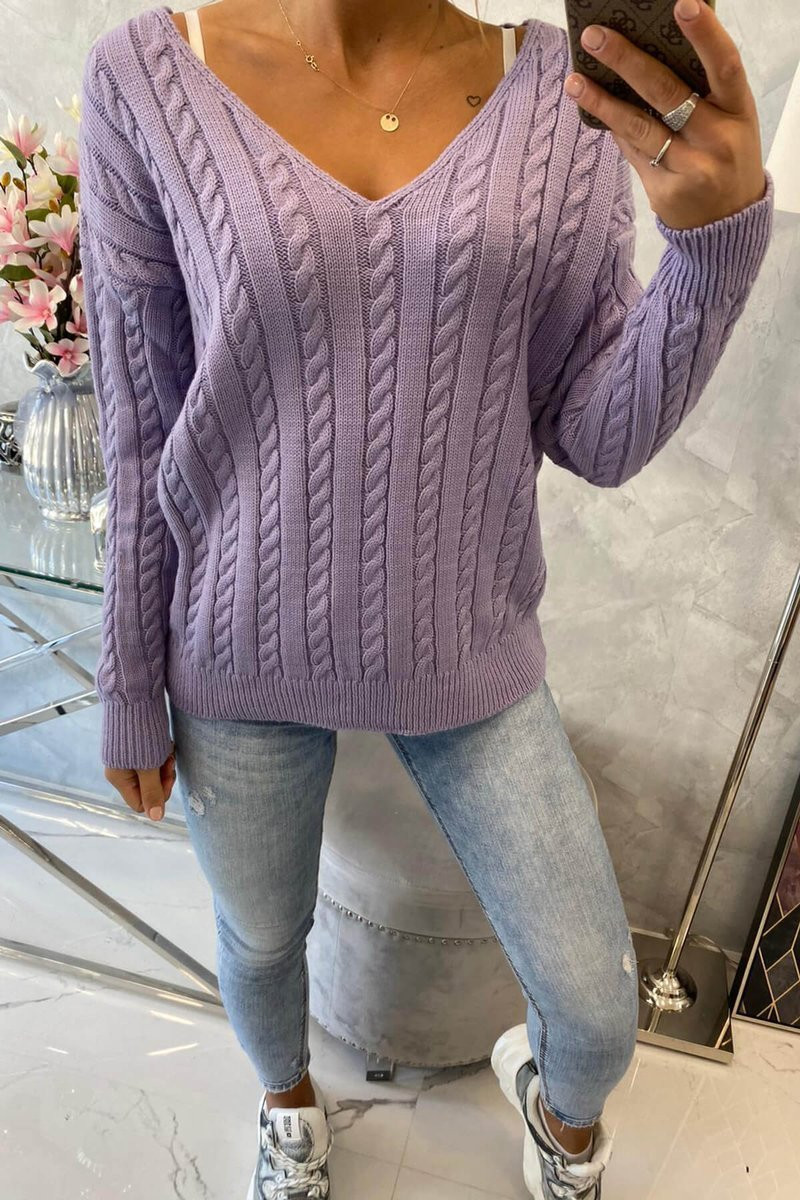 Pletený svetr s výstřihem do V fialový UNI