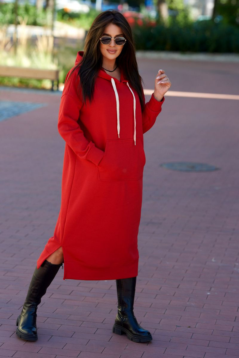 Dlouhé šaty s kapucí červený UNI
