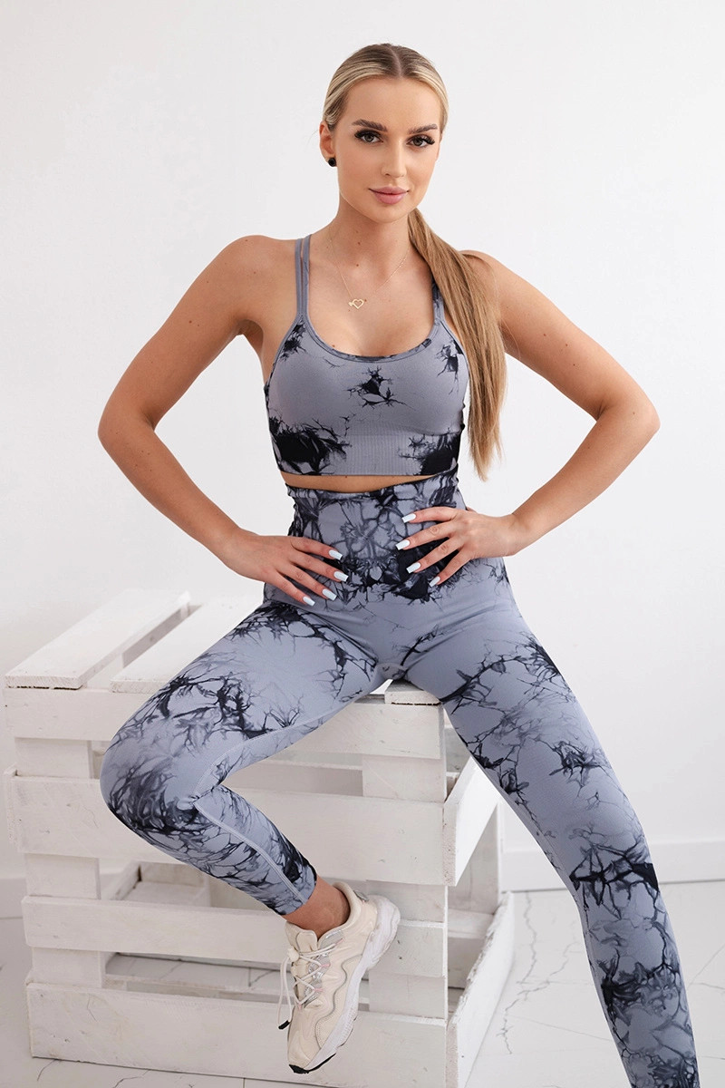 Fitness set top+ legíny push up šedá + černá S/M