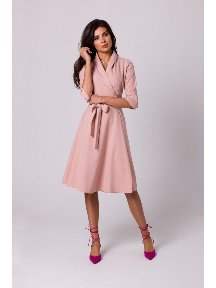 B255 Zavinovací šaty se šálovým límcem - růžové EU L