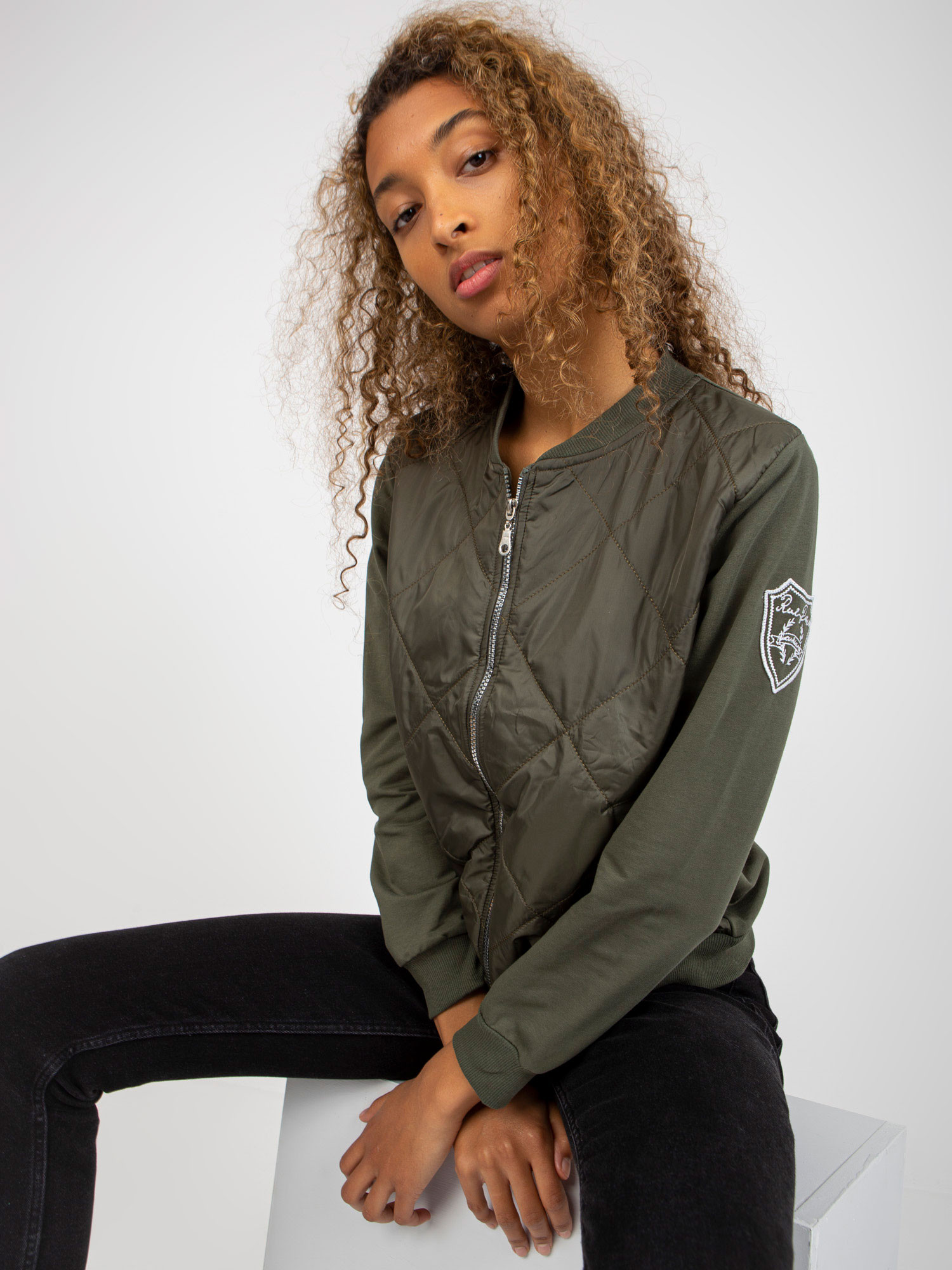 RUE PARIS khaki prošívaná bomber mikina s kapsami L / XL