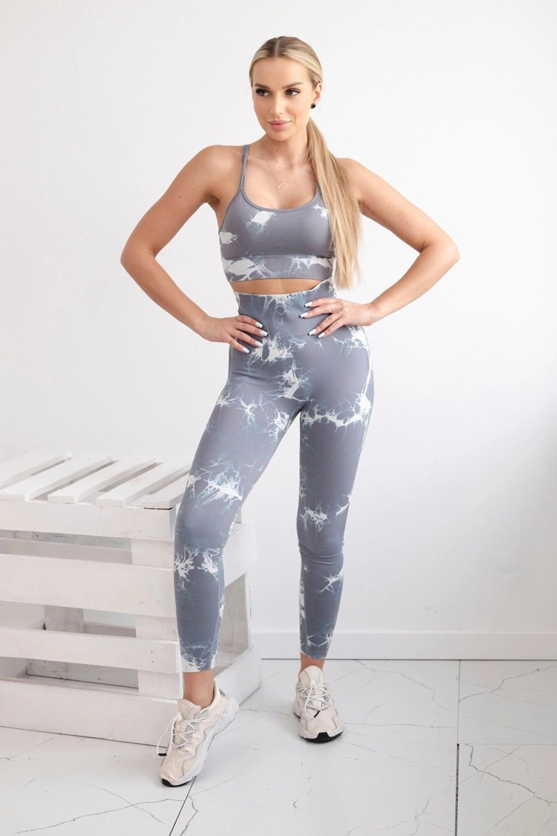 Dámský fitness set top + push up legíny - šedá/bílá Velikost: S / M