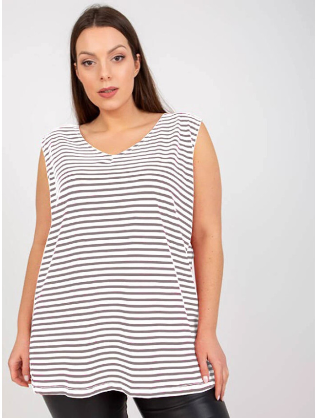 Bílo šedý bavlněný pruhovaný plus size top (7952)