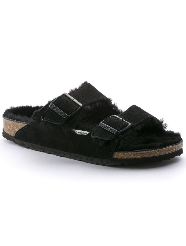 Dámské zateplené žabky s ovčí vlnou Birkenstock Arizona VL Shearling Black semišová kůže regular wide (0752661) dámské