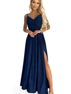 Elegantní maxi šaty na ramínka Numoco CHIARA - tmavě modré se třpytkami