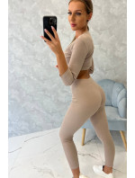 Žebrovaný crop top set tmavě béžový