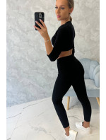 Žebrovaný crop top set v černé barvě