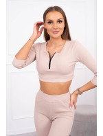 Žebrovaný crop top set světle béžový