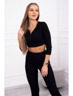 Žebrovaný crop top set v černé barvě