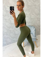 Žebrovaný crop top set khaki barvy