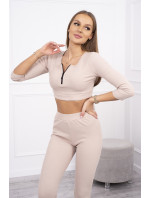 Žebrovaný crop top set světle béžový